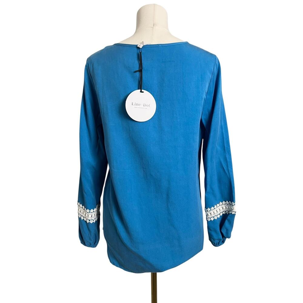 Line & Dot Tunic Blouse NWT XS Blue Lace Trim Boho Peasant Long Sleeve Top - Picture 6 of 9